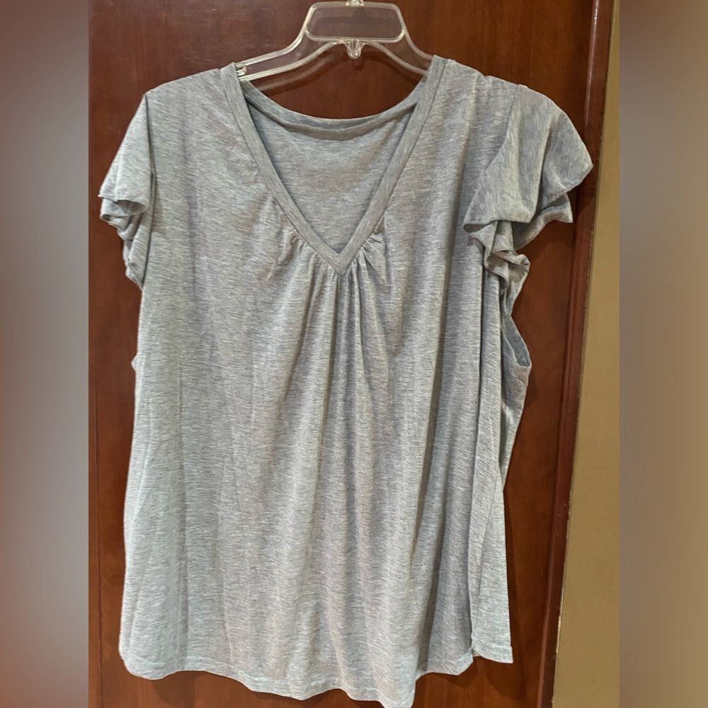 Elegant Gray V-Neck Ruffle Sleeve Top